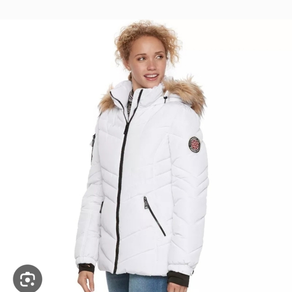 Madden Girl Hooded White Puffer Coat Jacket Parka Faux Fur Trim Hood Sz M Medium